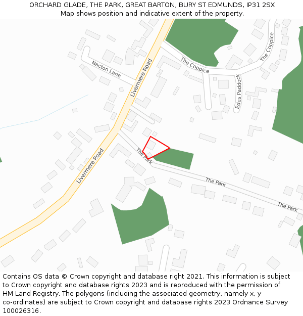 ORCHARD GLADE, THE PARK, GREAT BARTON, BURY ST EDMUNDS, IP31 2SX: Location map and indicative extent of plot