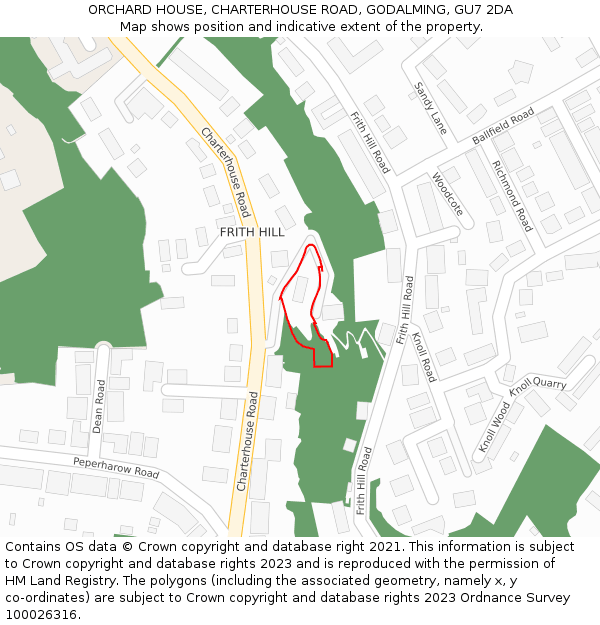 ORCHARD HOUSE, CHARTERHOUSE ROAD, GODALMING, GU7 2DA: Location map and indicative extent of plot