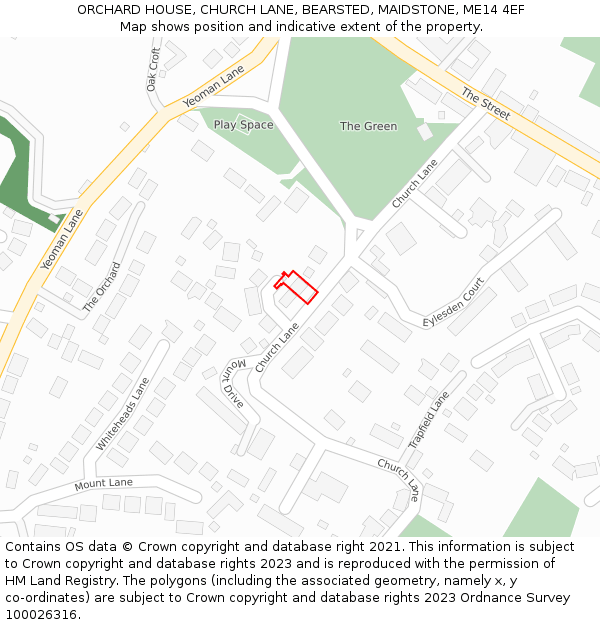 ORCHARD HOUSE, CHURCH LANE, BEARSTED, MAIDSTONE, ME14 4EF: Location map and indicative extent of plot