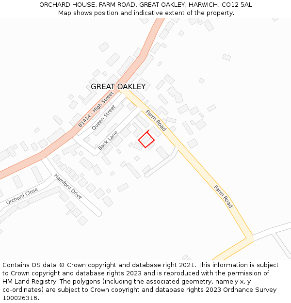 ORCHARD HOUSE, FARM ROAD, GREAT OAKLEY, HARWICH, CO12 5AL: Location map and indicative extent of plot