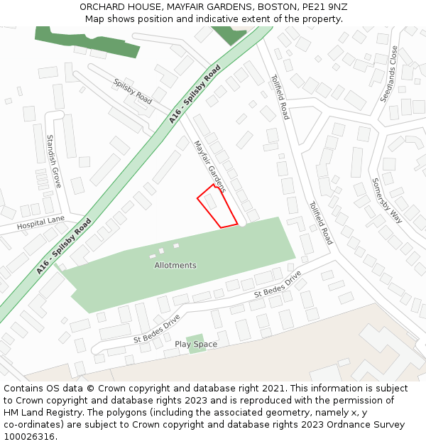 ORCHARD HOUSE, MAYFAIR GARDENS, BOSTON, PE21 9NZ: Location map and indicative extent of plot