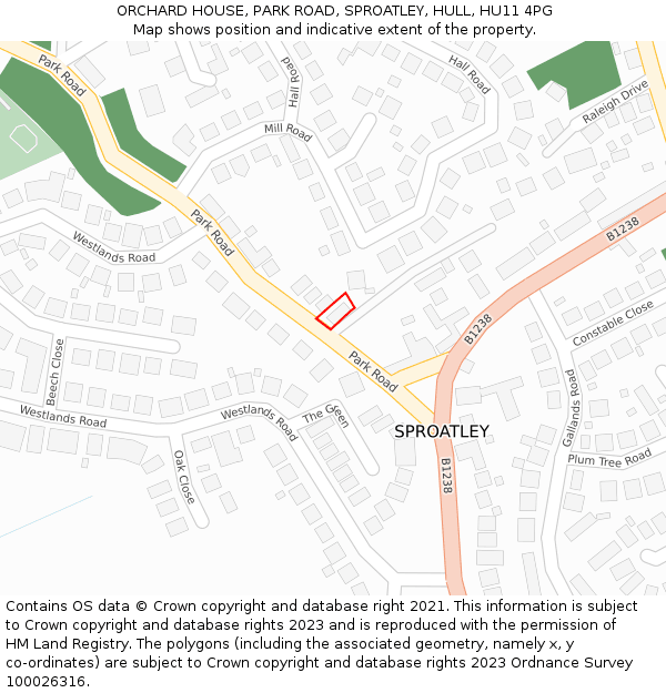 ORCHARD HOUSE, PARK ROAD, SPROATLEY, HULL, HU11 4PG: Location map and indicative extent of plot