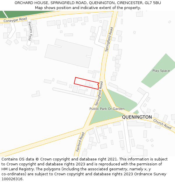 ORCHARD HOUSE, SPRINGFIELD ROAD, QUENINGTON, CIRENCESTER, GL7 5BU: Location map and indicative extent of plot