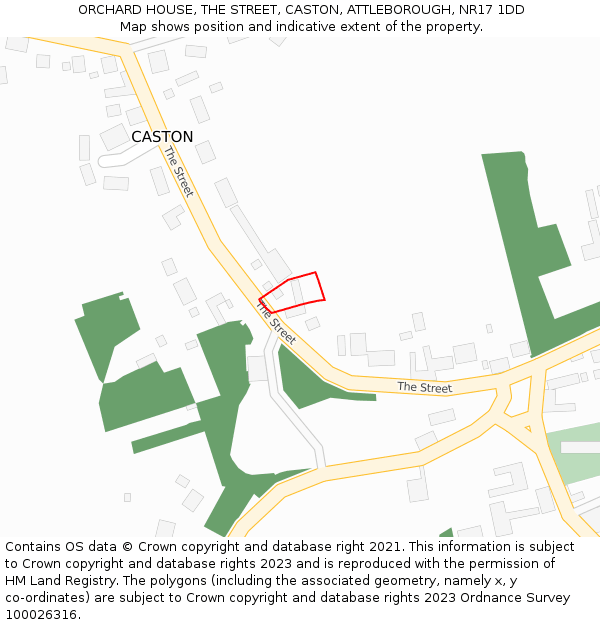 ORCHARD HOUSE, THE STREET, CASTON, ATTLEBOROUGH, NR17 1DD: Location map and indicative extent of plot