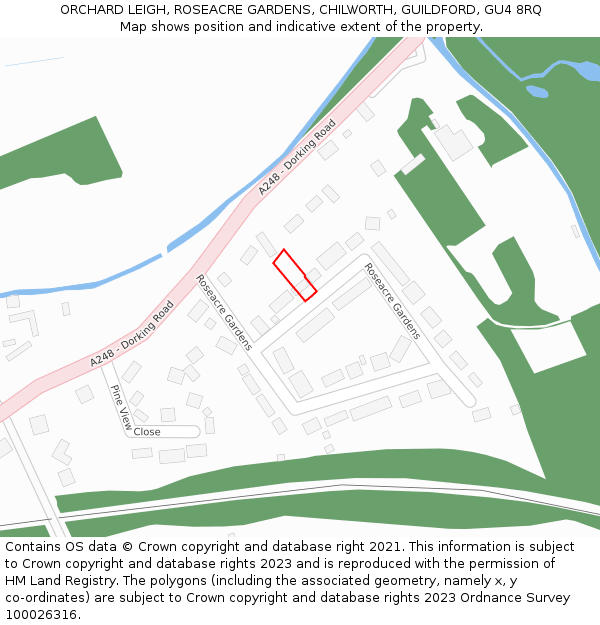 ORCHARD LEIGH, ROSEACRE GARDENS, CHILWORTH, GUILDFORD, GU4 8RQ: Location map and indicative extent of plot