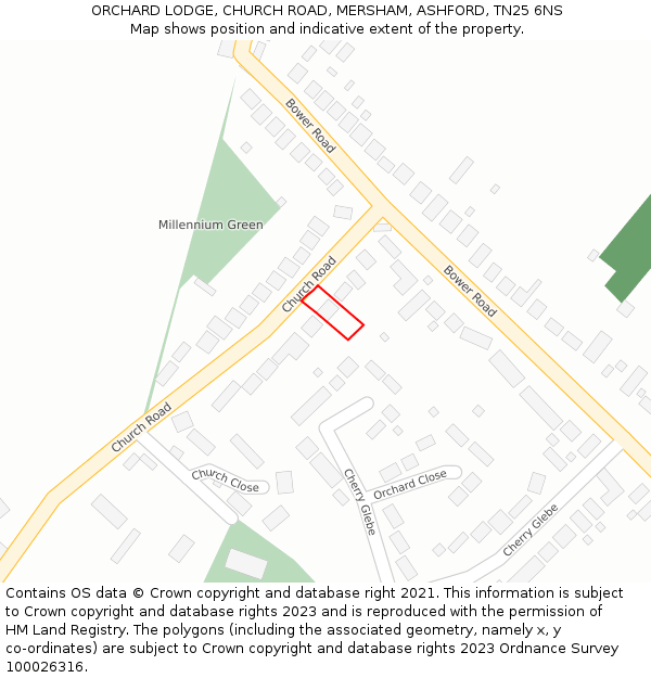 ORCHARD LODGE, CHURCH ROAD, MERSHAM, ASHFORD, TN25 6NS: Location map and indicative extent of plot