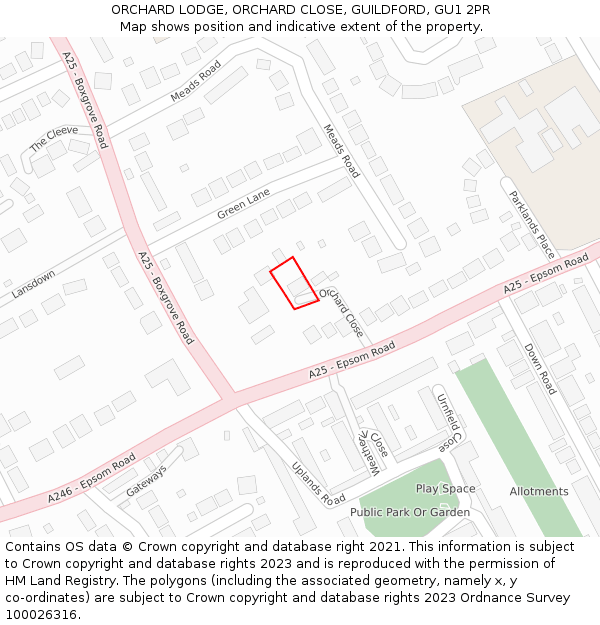 ORCHARD LODGE, ORCHARD CLOSE, GUILDFORD, GU1 2PR: Location map and indicative extent of plot