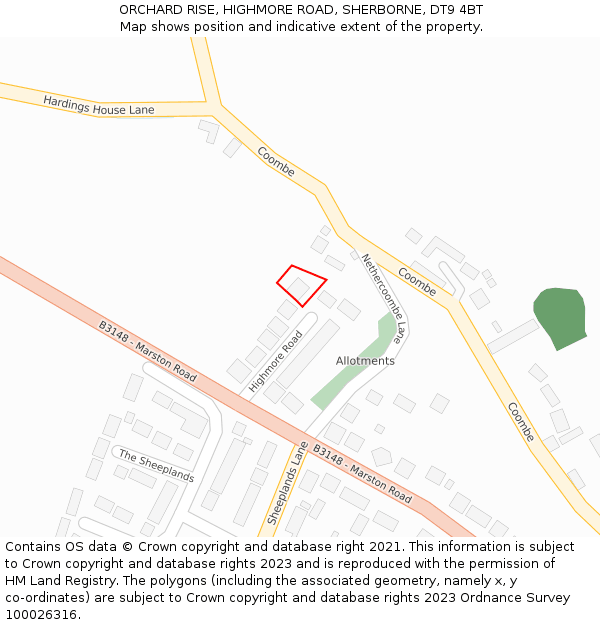 ORCHARD RISE, HIGHMORE ROAD, SHERBORNE, DT9 4BT: Location map and indicative extent of plot