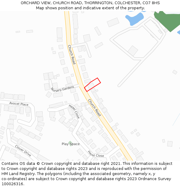 ORCHARD VIEW, CHURCH ROAD, THORRINGTON, COLCHESTER, CO7 8HS: Location map and indicative extent of plot