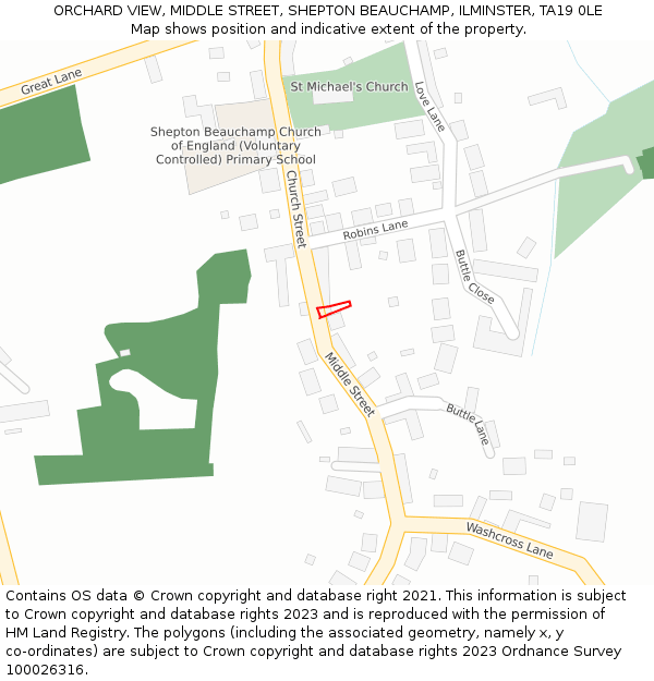 ORCHARD VIEW, MIDDLE STREET, SHEPTON BEAUCHAMP, ILMINSTER, TA19 0LE: Location map and indicative extent of plot