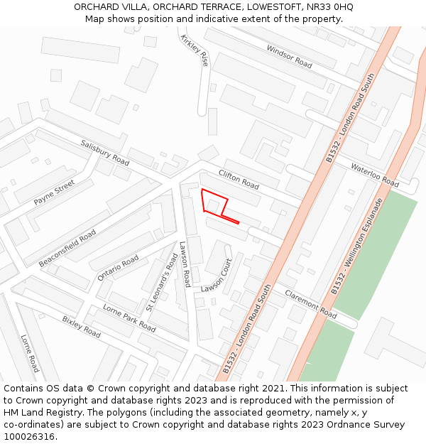 ORCHARD VILLA, ORCHARD TERRACE, LOWESTOFT, NR33 0HQ: Location map and indicative extent of plot