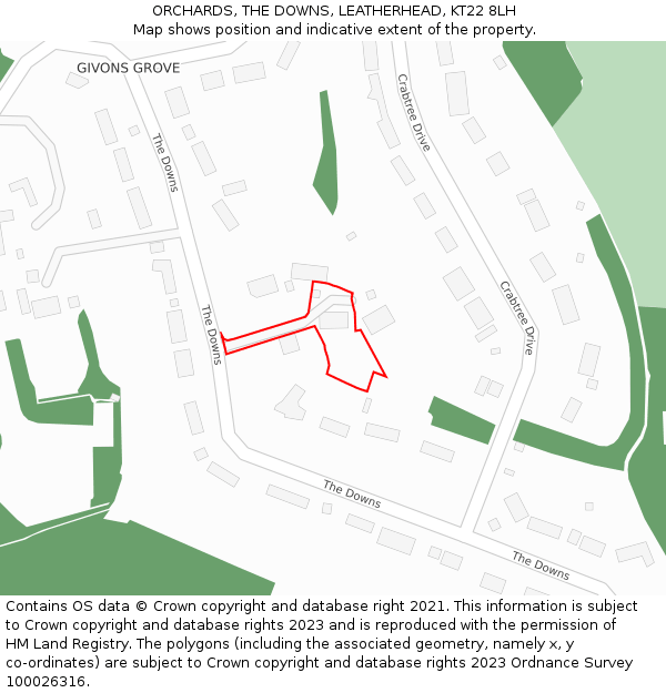 ORCHARDS, THE DOWNS, LEATHERHEAD, KT22 8LH: Location map and indicative extent of plot