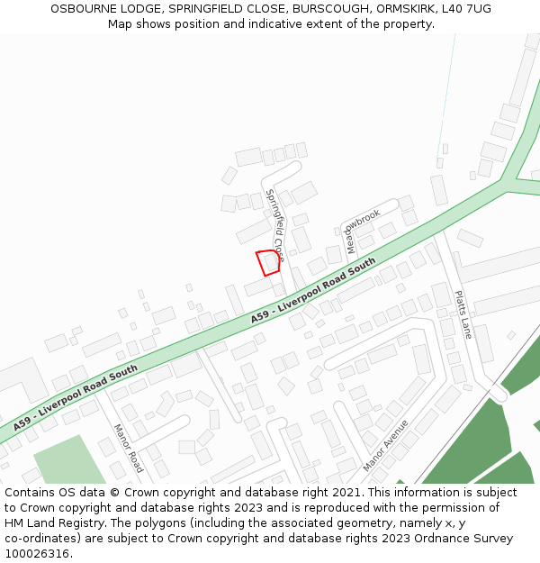 OSBOURNE LODGE, SPRINGFIELD CLOSE, BURSCOUGH, ORMSKIRK, L40 7UG: Location map and indicative extent of plot