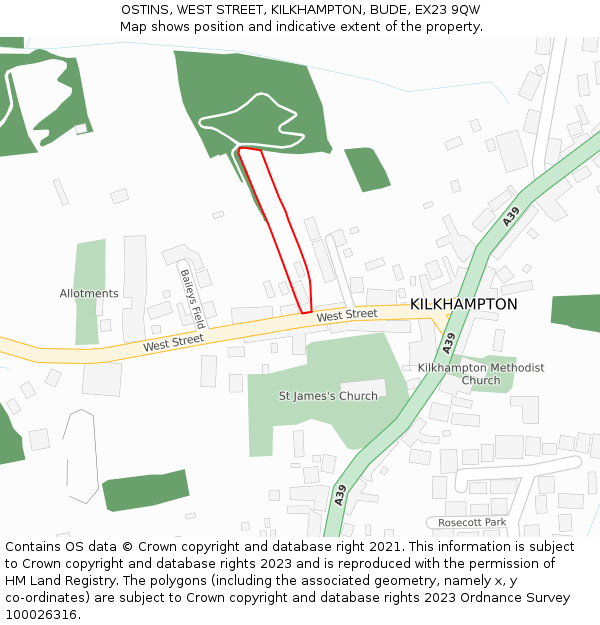 OSTINS, WEST STREET, KILKHAMPTON, BUDE, EX23 9QW: Location map and indicative extent of plot