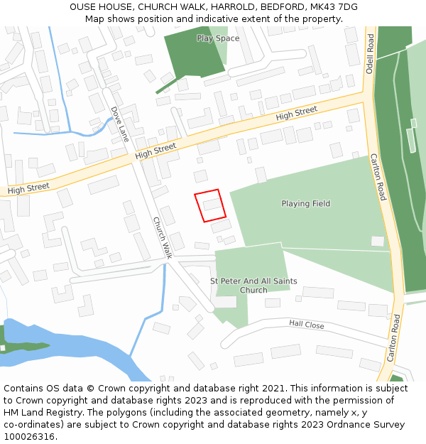 OUSE HOUSE, CHURCH WALK, HARROLD, BEDFORD, MK43 7DG: Location map and indicative extent of plot