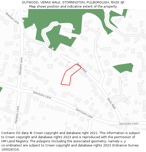 OUTWOOD, VERAS WALK, STORRINGTON, PULBOROUGH, RH20 3JF: Location map and indicative extent of plot