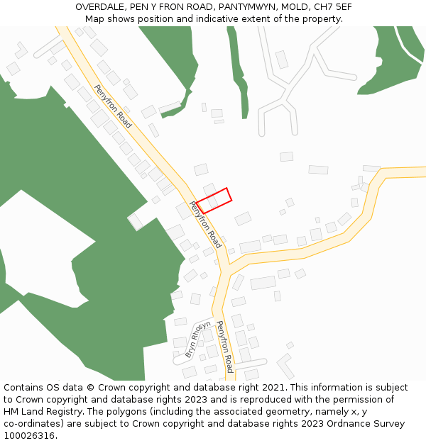 OVERDALE, PEN Y FRON ROAD, PANTYMWYN, MOLD, CH7 5EF: Location map and indicative extent of plot