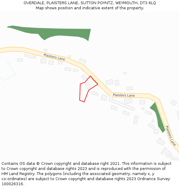 OVERDALE, PLAISTERS LANE, SUTTON POYNTZ, WEYMOUTH, DT3 6LQ: Location map and indicative extent of plot