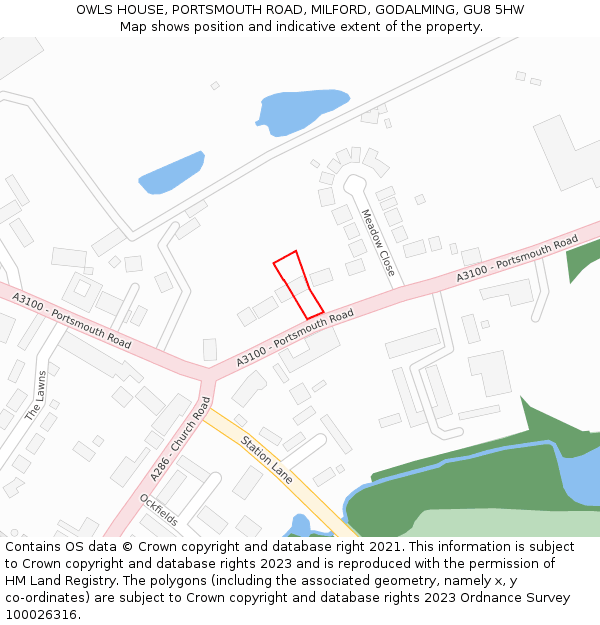 OWLS HOUSE, PORTSMOUTH ROAD, MILFORD, GODALMING, GU8 5HW: Location map and indicative extent of plot