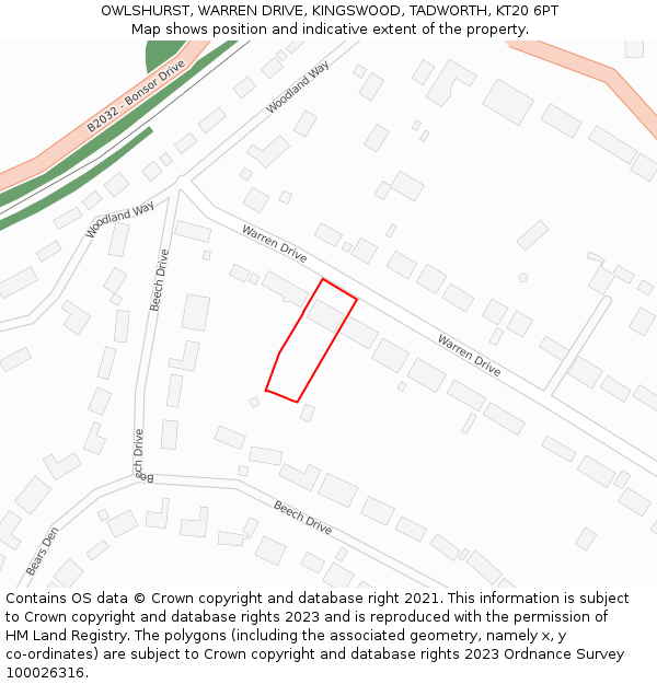 OWLSHURST, WARREN DRIVE, KINGSWOOD, TADWORTH, KT20 6PT: Location map and indicative extent of plot