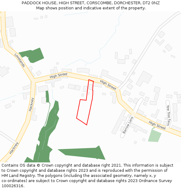 PADDOCK HOUSE, HIGH STREET, CORSCOMBE, DORCHESTER, DT2 0NZ: Location map and indicative extent of plot