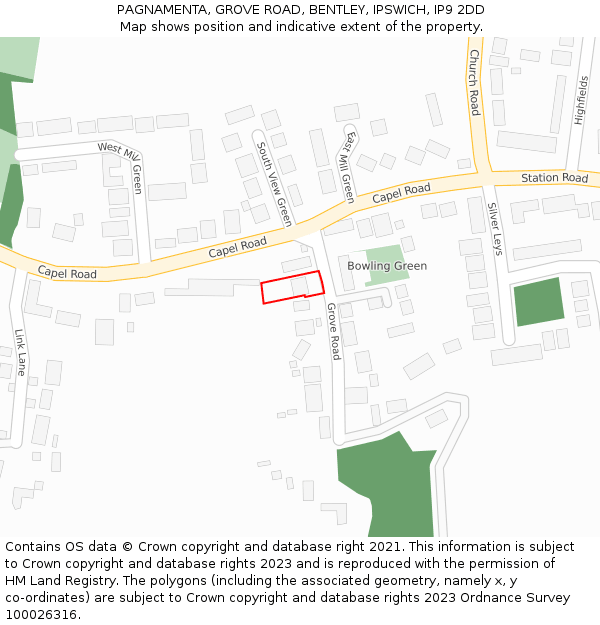 PAGNAMENTA, GROVE ROAD, BENTLEY, IPSWICH, IP9 2DD: Location map and indicative extent of plot