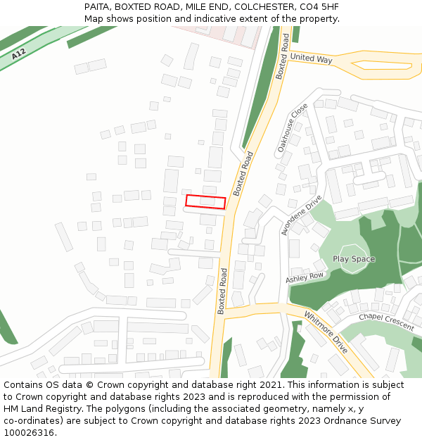 PAITA, BOXTED ROAD, MILE END, COLCHESTER, CO4 5HF: Location map and indicative extent of plot