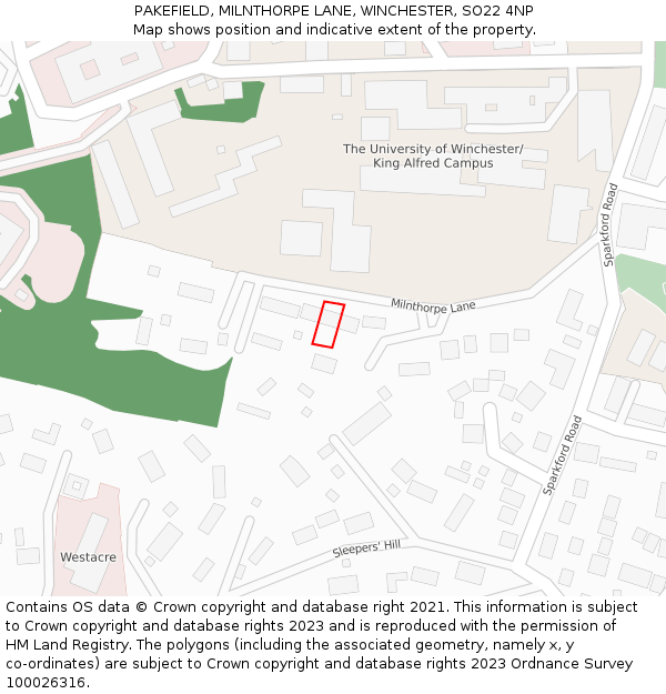 PAKEFIELD, MILNTHORPE LANE, WINCHESTER, SO22 4NP: Location map and indicative extent of plot