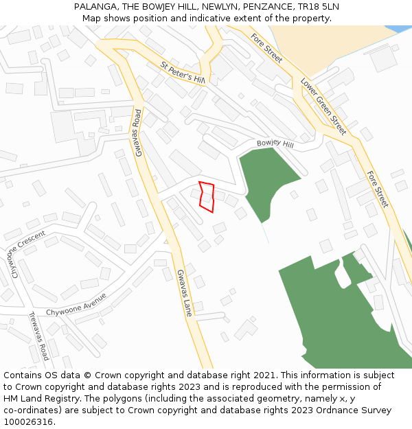 PALANGA, THE BOWJEY HILL, NEWLYN, PENZANCE, TR18 5LN: Location map and indicative extent of plot