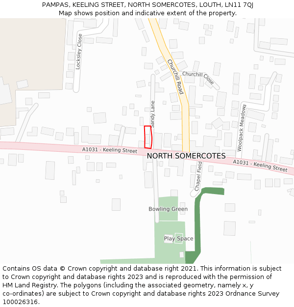 PAMPAS, KEELING STREET, NORTH SOMERCOTES, LOUTH, LN11 7QJ: Location map and indicative extent of plot