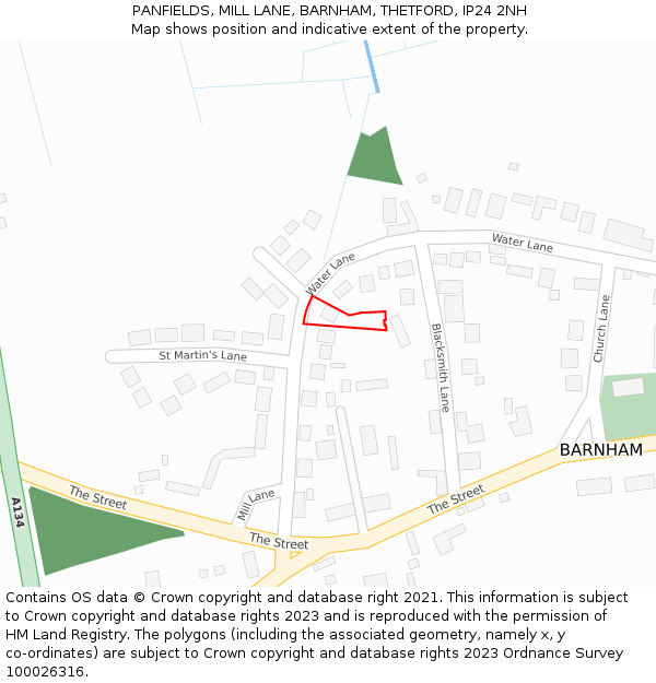 PANFIELDS, MILL LANE, BARNHAM, THETFORD, IP24 2NH: Location map and indicative extent of plot