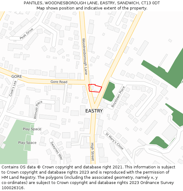 PANTILES, WOODNESBOROUGH LANE, EASTRY, SANDWICH, CT13 0DT: Location map and indicative extent of plot