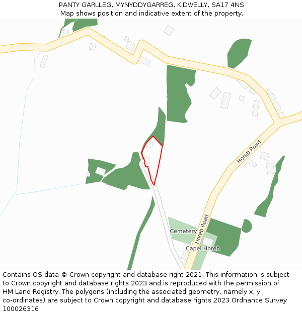 PANTY GARLLEG, MYNYDDYGARREG, KIDWELLY, SA17 4NS: Location map and indicative extent of plot