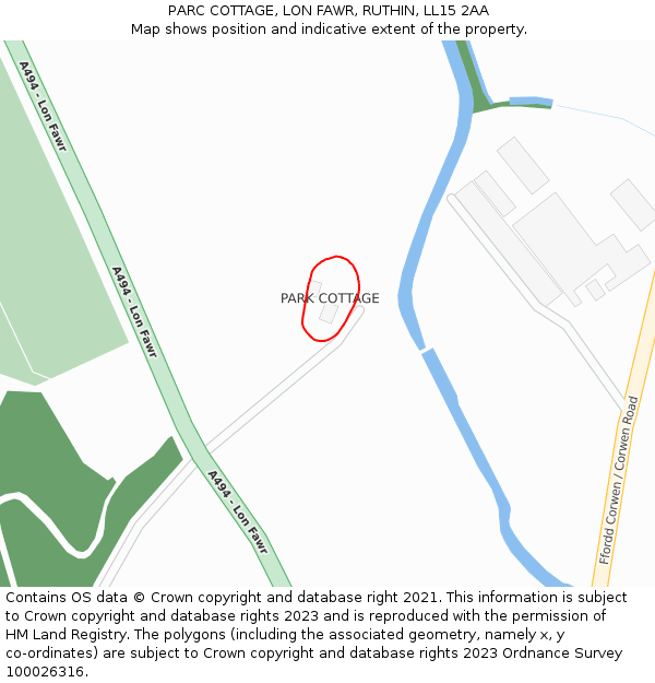 PARC COTTAGE, LON FAWR, RUTHIN, LL15 2AA: Location map and indicative extent of plot