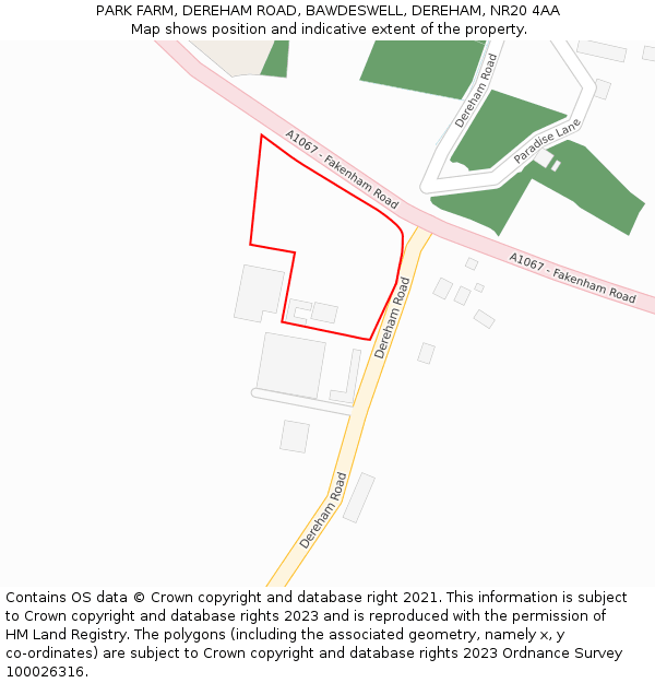 PARK FARM, DEREHAM ROAD, BAWDESWELL, DEREHAM, NR20 4AA: Location map and indicative extent of plot