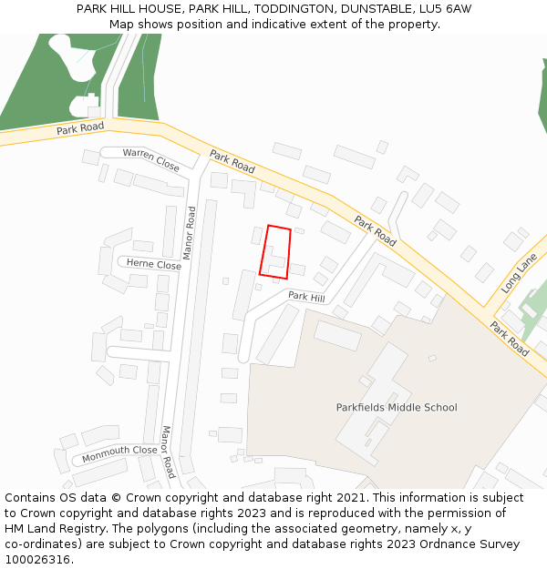 PARK HILL HOUSE, PARK HILL, TODDINGTON, DUNSTABLE, LU5 6AW: Location map and indicative extent of plot