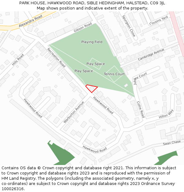 PARK HOUSE, HAWKWOOD ROAD, SIBLE HEDINGHAM, HALSTEAD, CO9 3JL: Location map and indicative extent of plot