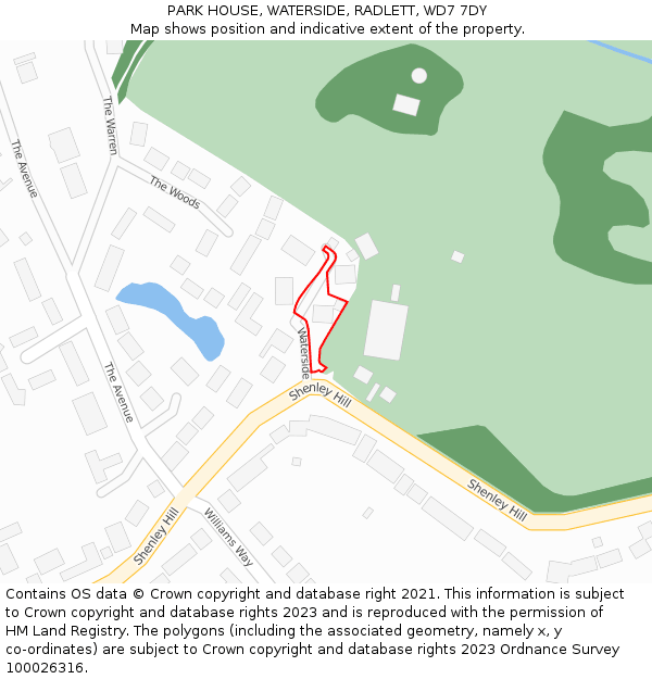 PARK HOUSE, WATERSIDE, RADLETT, WD7 7DY: Location map and indicative extent of plot