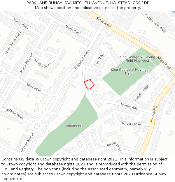 PARK LANE BUNGALOW, MITCHELL AVENUE, HALSTEAD, CO9 1DP: Location map and indicative extent of plot