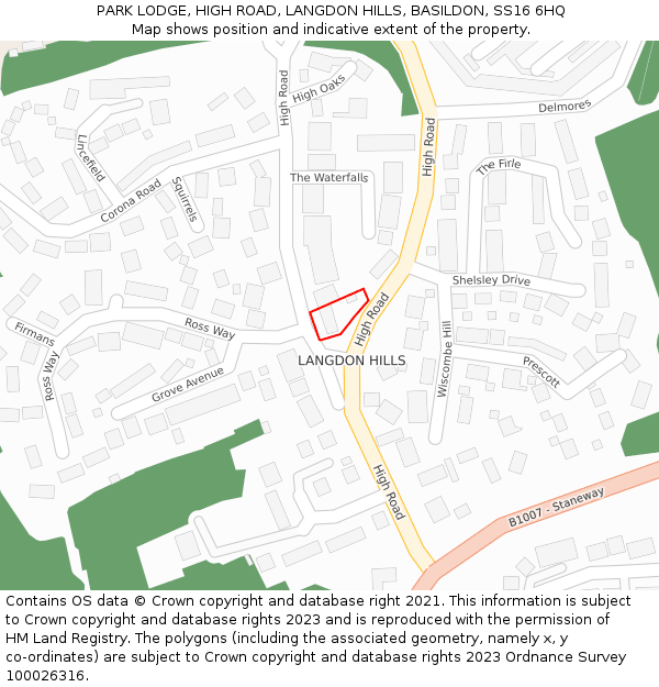 PARK LODGE, HIGH ROAD, LANGDON HILLS, BASILDON, SS16 6HQ: Location map and indicative extent of plot