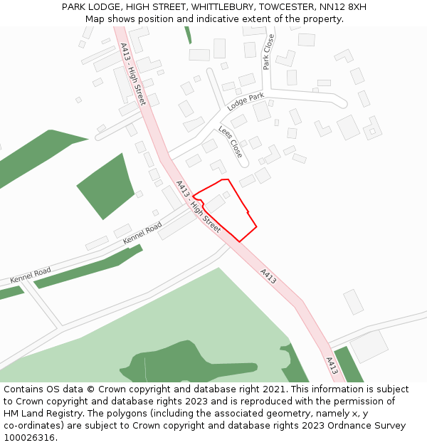 PARK LODGE, HIGH STREET, WHITTLEBURY, TOWCESTER, NN12 8XH: Location map and indicative extent of plot