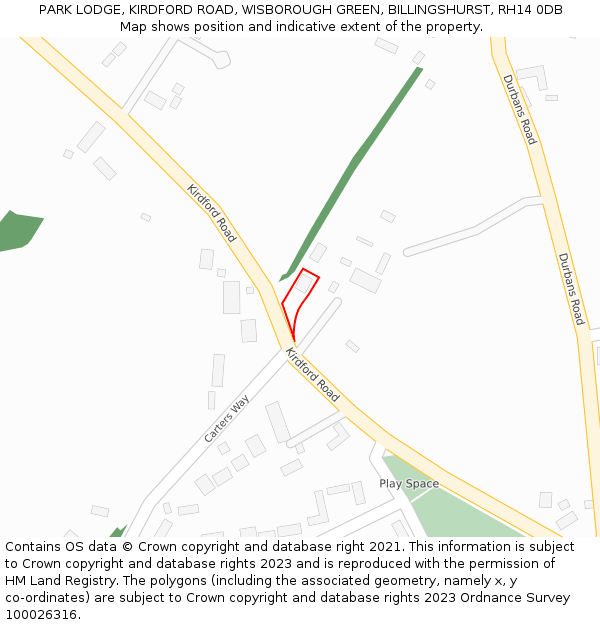 PARK LODGE, KIRDFORD ROAD, WISBOROUGH GREEN, BILLINGSHURST, RH14 0DB: Location map and indicative extent of plot