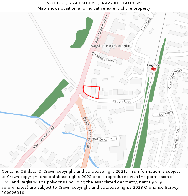 PARK RISE, STATION ROAD, BAGSHOT, GU19 5AS: Location map and indicative extent of plot