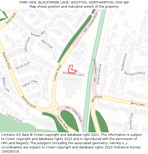 PARK VIEW, BLACKYMORE LANE, WOOTTON, NORTHAMPTON, NN4 0JW: Location map and indicative extent of plot