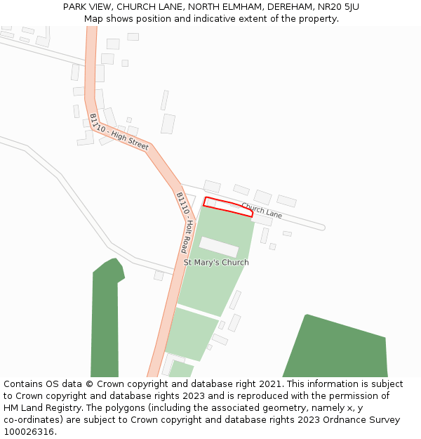 PARK VIEW, CHURCH LANE, NORTH ELMHAM, DEREHAM, NR20 5JU: Location map and indicative extent of plot