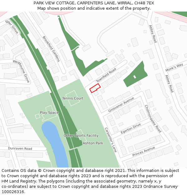 PARK VIEW COTTAGE, CARPENTERS LANE, WIRRAL, CH48 7EX: Location map and indicative extent of plot