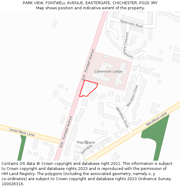 PARK VIEW, FONTWELL AVENUE, EASTERGATE, CHICHESTER, PO20 3RY: Location map and indicative extent of plot