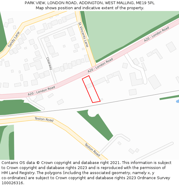 PARK VIEW, LONDON ROAD, ADDINGTON, WEST MALLING, ME19 5PL: Location map and indicative extent of plot