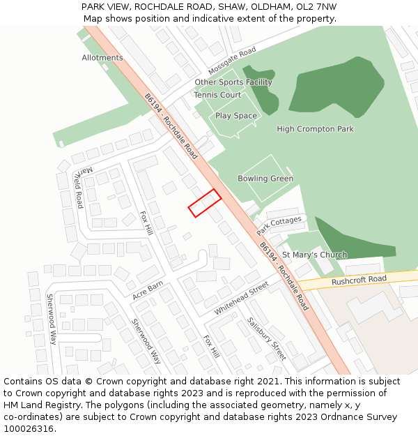 PARK VIEW, ROCHDALE ROAD, SHAW, OLDHAM, OL2 7NW: Location map and indicative extent of plot