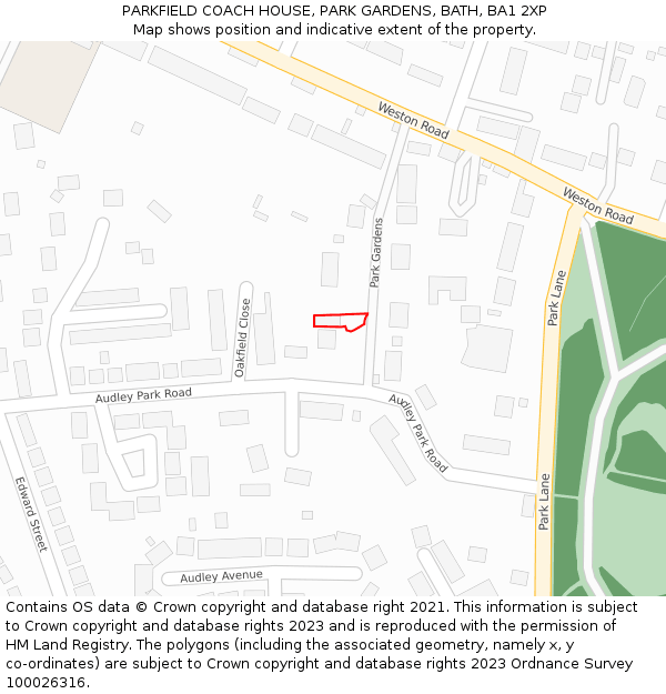 PARKFIELD COACH HOUSE, PARK GARDENS, BATH, BA1 2XP: Location map and indicative extent of plot